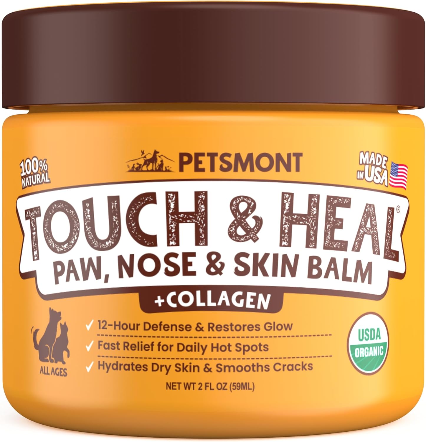 Touch & Heal Organic Paw Balm for Dogs 2oz - Cream Lotion Protection Moisturizer Nose Natural Soother Hot Pavement Wax Dry Paws Cracked Butter Protectors Pad Snout Puppy Elbow Foot Pet