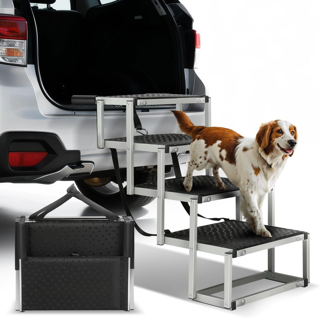 Auto Dynasty Dog Stairs for Car - 4 Steps Wide 31.4in High 25in Foldable Dog Ramp for Car Non-Slip Surface Support up to 150lbs - Suitable for SUV,Truck, Sofas, Bed/Couch
