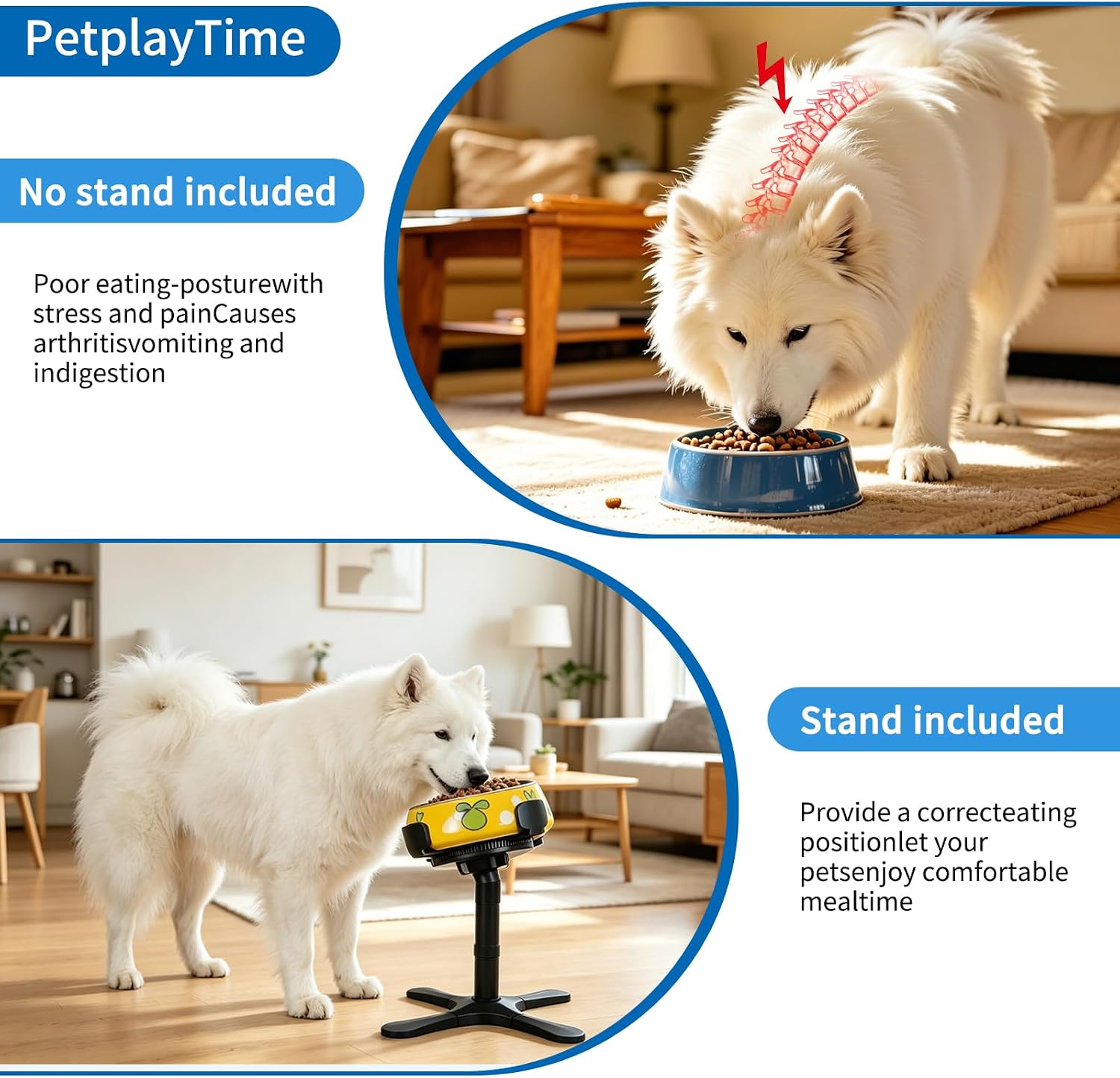 Elevated Dog Bowl Stand, 4 Adjustable Heights (4.3"/7.08"/11.81"/15.35") Raised Dog Food Bowl Holder with Tilted Anti-Slip Base, Ergonomic Pet Feeder Stand for Small Medium Large Dogs & Cats
