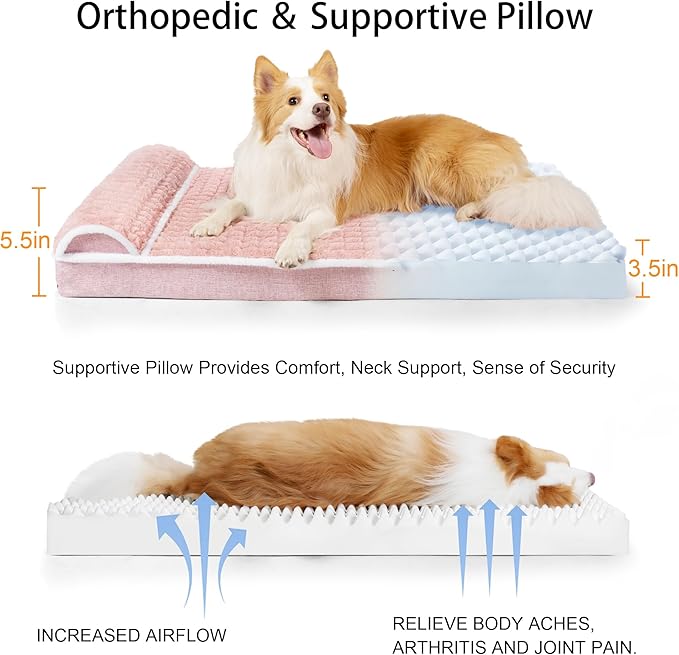 Orthopedic Dog Bed Medium Size Dog with Pillow 30''X20'', Waterproof Soft Comfortable Egg Crate Foam Pet Crate Beds Mat with Removable Washable Cover and Non-Slip Bottom, Pink
