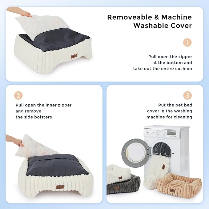 Small Dog Beds for Small Dogs - Washable Cat Beds for Indoor Cats, Rectangle Orthopedic Puppy Bed with Fluffy Removable Cover, 20x19x7inches, Cream