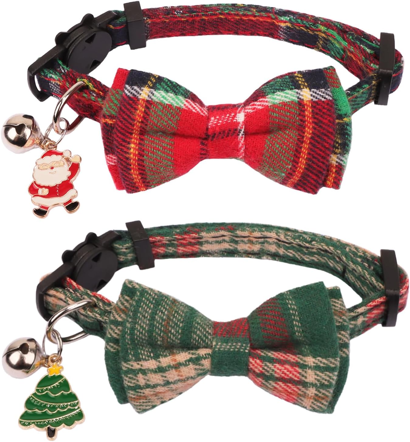 PTDECOR Christmas Cat Collars, Xmas Red Green Plaid Bowtie Collars | Detachable Bow Tie, Safe Breakaway Buckle, Adjustable, 2 Pack Xmas Red Green Charm Bell Christmas Collar for Cats Kittens