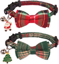 PTDECOR Christmas Cat Collars, Xmas Red Green Plaid Bowtie Collars | Detachable Bow Tie, Safe Breakaway Buckle, Adjustable, 2 Pack Xmas Red Green Charm Bell Christmas Collar for Cats Kittens