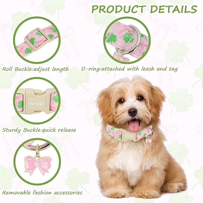 St. Patrick's Day Dog Collar,Pink Bow with Green Clover Puppy Collar,Adjustable Spring Cotton Collars Gifts for Small Medium Large Dogs,Dog Accessories XS
