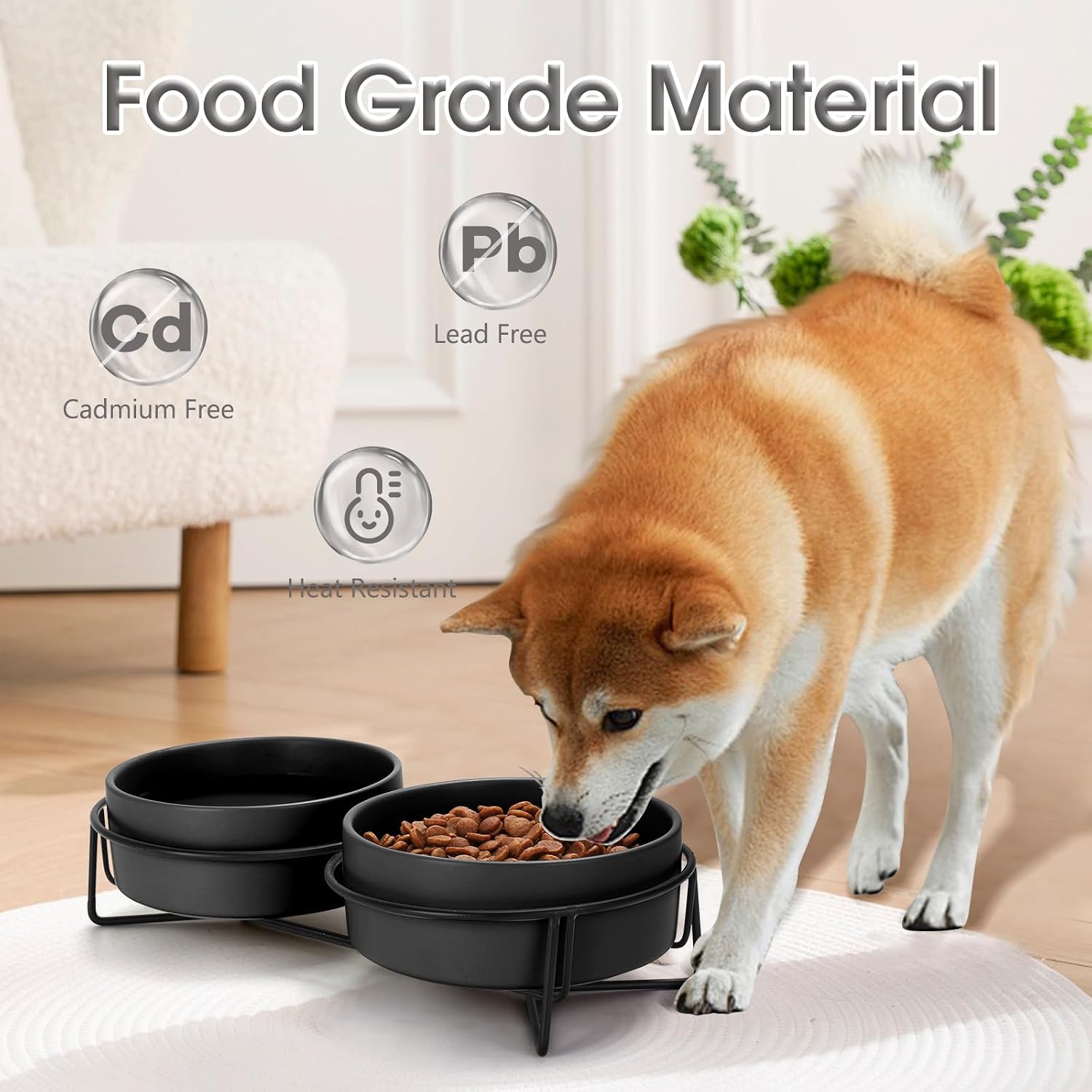Ceramic Cat Bowl Set with Stand, 13.5oz Dog Food and Water Bowl Suitable for Small and Medium Pets (1.7 Cups, Black x 2)