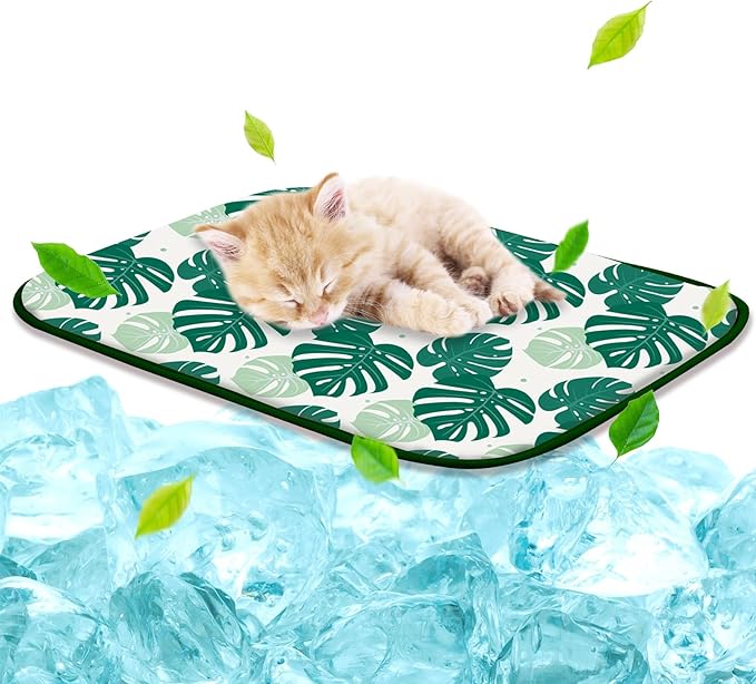 NWK Pet Cooling Mat - Ice Silk Cooling Mat for Dogs & Cats Portable & Washable Pet Cooling Blanket, Car Seats, Beds for Summer (1, Green Leaf, 16’’ X 20’’ X 0.3)