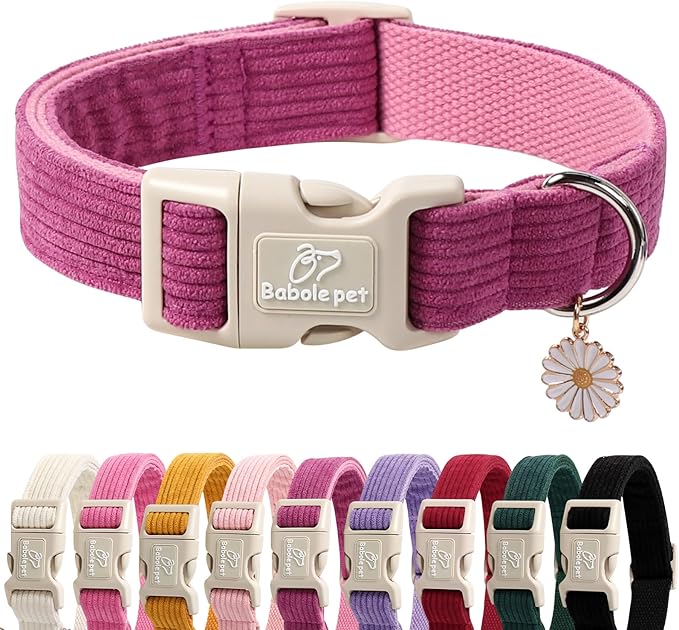 Cute Corduroy Dog Collar - Fuchsia Adjustable Dog Collars for Large Dogs 50-80lbs, Fade-Proof with Secure Snap & Little Charm, Christmas Birthday Gift, L