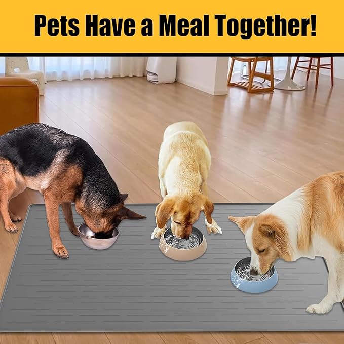 51.2"x25.6"(130cm×65cm) Largest Dog Food Mat, XXXXL Silicone Dog and Cat Mat for Food and Water Bowls, Thinken Waterproof Non-Slip XXXL Pet Feeding Mat for Floors, Light Gray