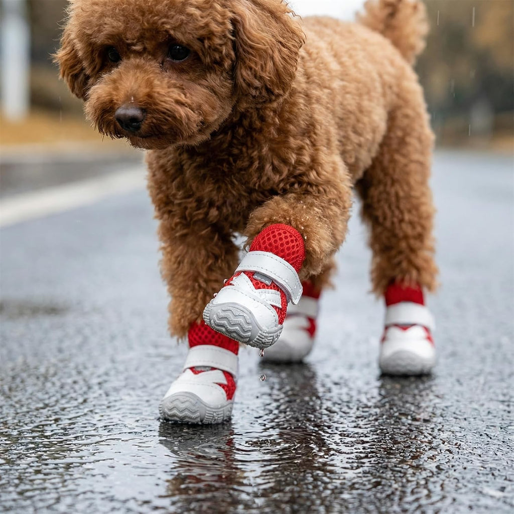 Dog Shoes for Small Dogs, Hot Pavement Summer Puppy Dog Boots & Paw Protectors with Soft Anti-Slip Rubber Sole, Mesh Breathable Dog Booties for Hardfloors, Walking Running 4 Pack (red, 3)
