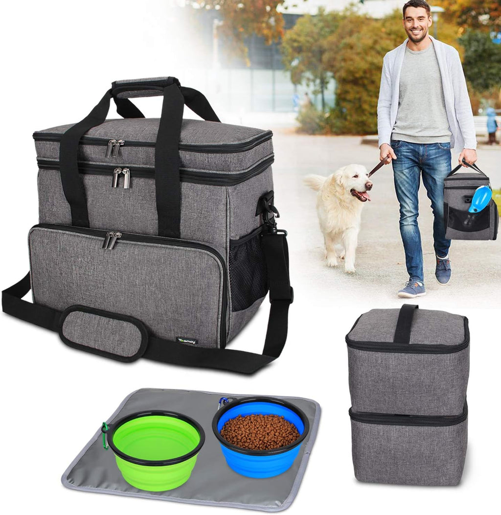 Teamoy 2 Layer Dog Travel Bag, Pet Supplies Weekend Tote Organizer, Gray | Large Dog Bag for Supplies with 2 Silicone Collapsible Bowls, 2 Food Carriers, 1 Water-Resistant Placemat