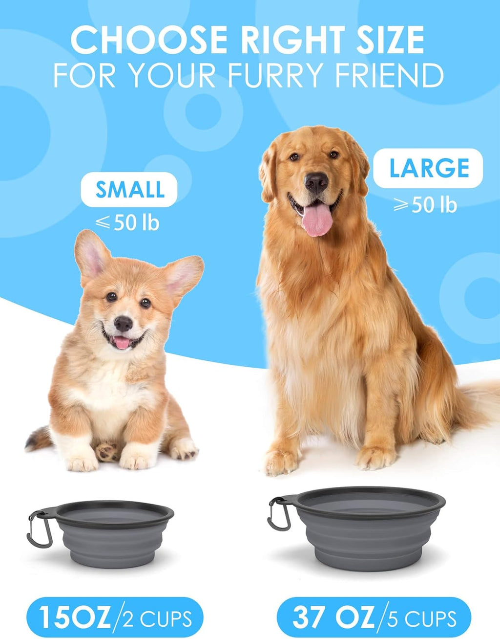 2 Pack Collapsible Dog Bowls with Bottle Carrier(Small 15oz) | Upgraded Carabiner,One-piece Molded Rim Won't Fall Off or Crack, Foldable Portable for Pets Water Drinking or Food Feeding