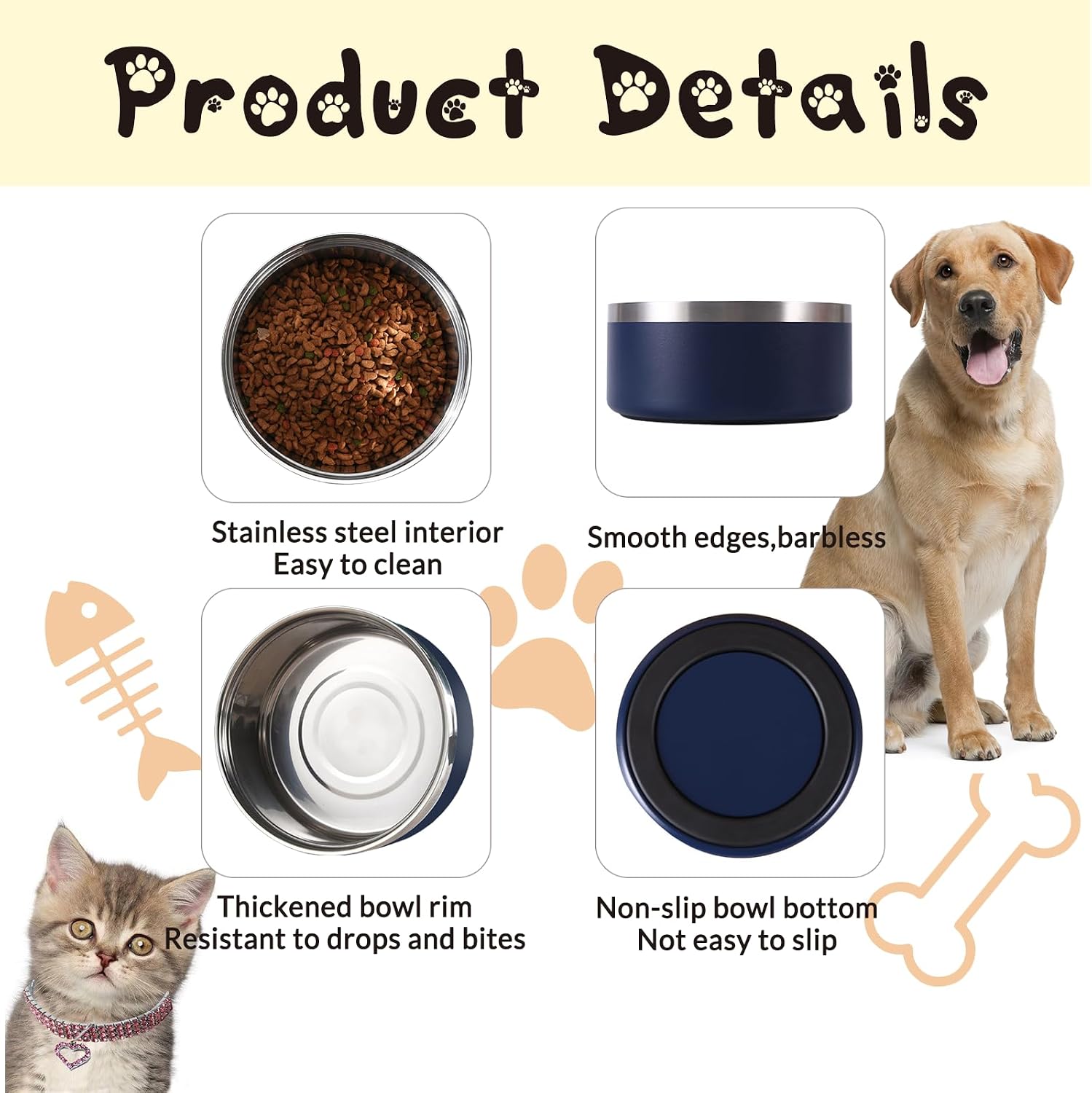 Custom Dog Bowl Personalized Dog Bowls with Name Customized Pet Cat Food Bowls 18/32/42/64 oz. Non Slip Stainless Steel Pet Bowls