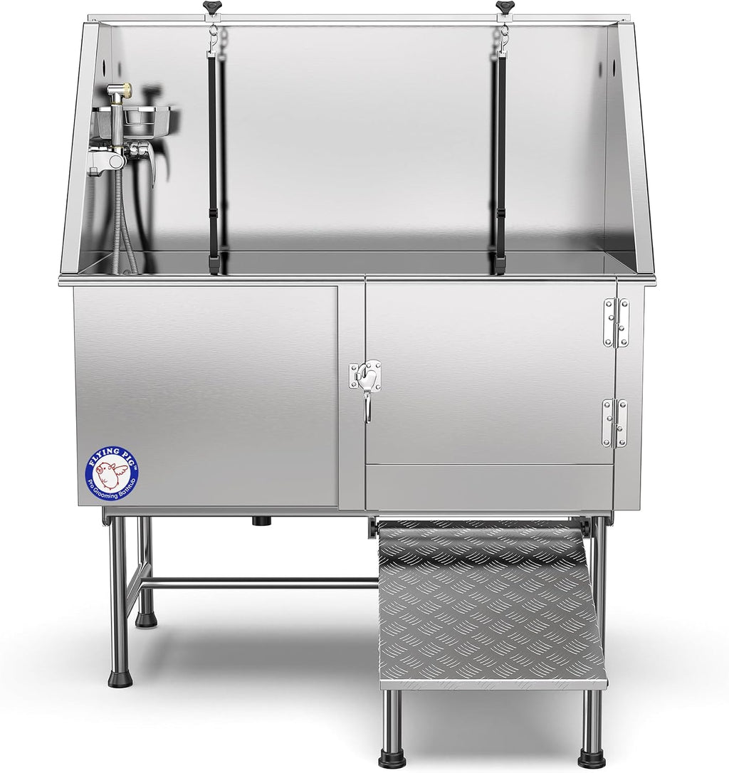 Flying Pig 50" Stainless Steel Pet Dog Grooming Bath Tub with Walk-in Ramp & Accessories (Right Door/Left Drain)