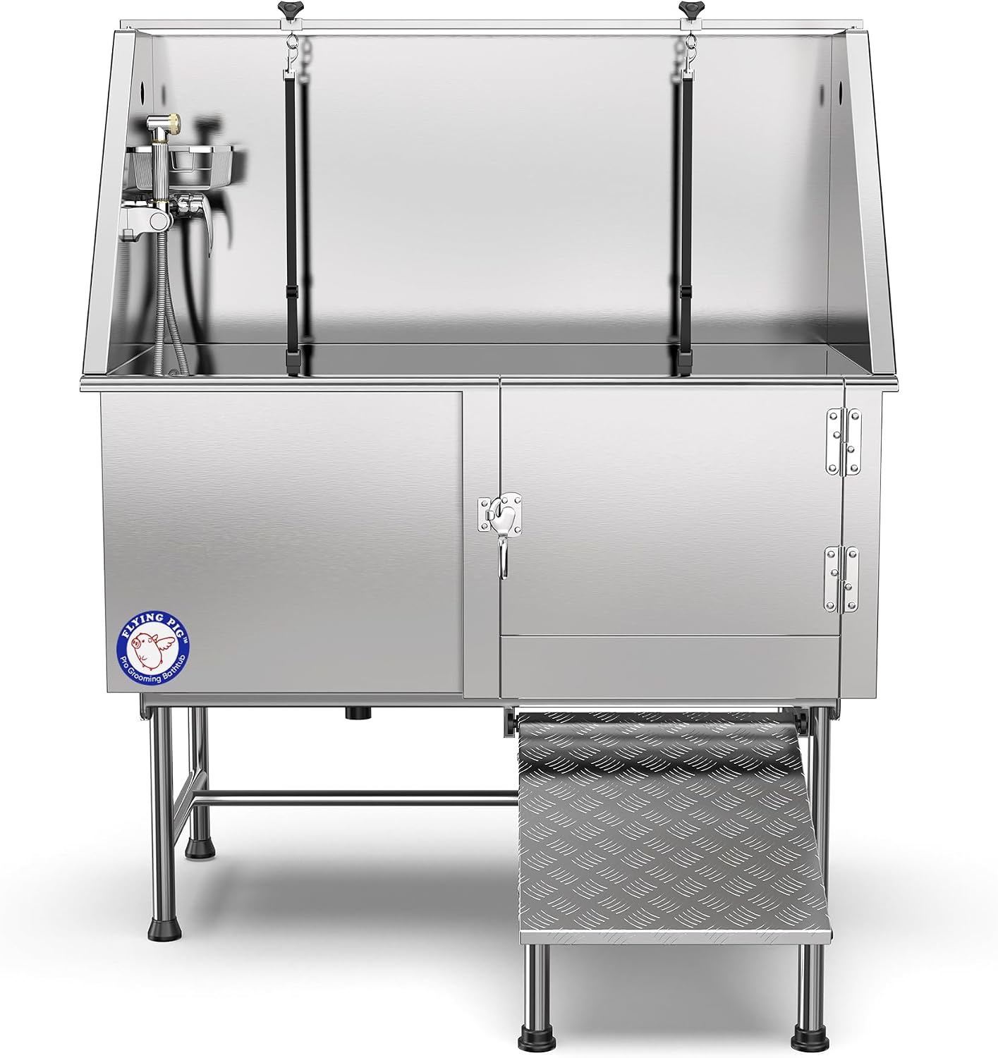 Flying Pig 50" Stainless Steel Pet Dog Grooming Bath Tub with Walk-in Ramp & Accessories (Right Door/Left Drain)