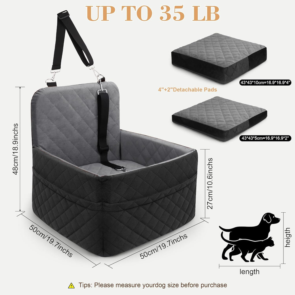 Dog Car Seat for Small/Medium Dogs,Pet Dog Booster Car Seat Puppy 15-35 lbs with Soft 4+2in Detachable Pads Detachable Elevated Cushion and Washable Cover Safety Belt Storage Pockets Easy to Install