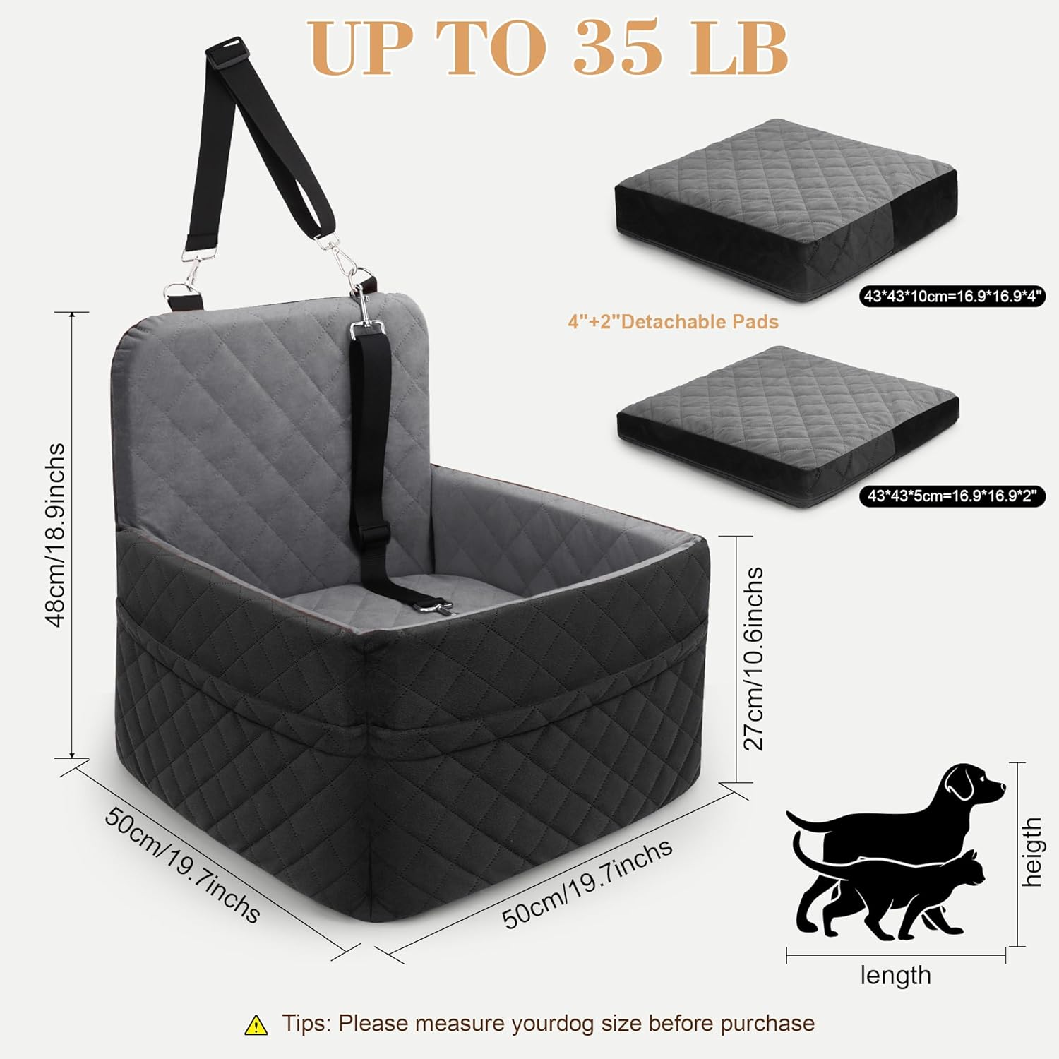Dog Car Seat for Small/Medium Dogs,Pet Dog Booster Car Seat Puppy 15-35 lbs with Soft 4+2in Detachable Pads Detachable Elevated Cushion and Washable Cover Safety Belt Storage Pockets Easy to Install