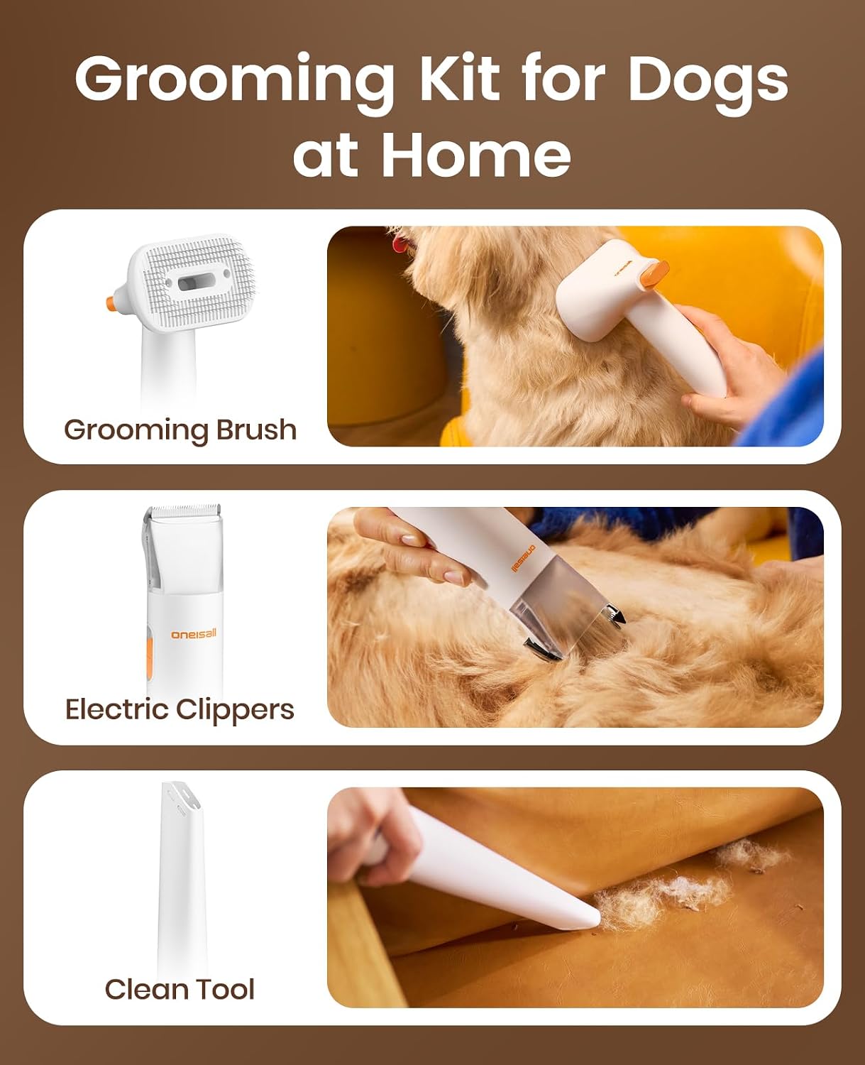 oneisall Dog Grooming Vacuum - 15000Pa Suction, Captures 99% Pet Hair to Reduce Shedding, Dog Grooming Clippers & Quiet Brush (≤59dB) with 4 Accessories, 2L Dust Canister for Home Cleaning（Orange） | 15000Pa Suction Power, Dog Grooming Kit, Low