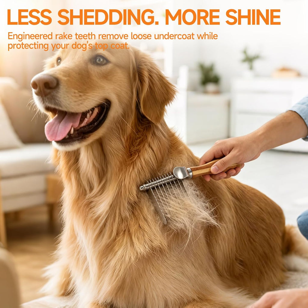 Pet Dematting Comb with Bamboo Handle, Dog Cat Grooming Brush for Removing Mats, Knots, Tangles & Loose Fur, Stainless Steel Undercoat Rake for Long & Short Haired Pets