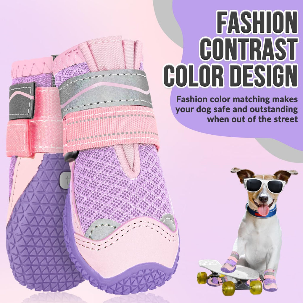 SlowTon Dog Shoes for Large Small Medium Dogs - Breathable Dog Boots | for Summer Hot Pavement, Paw Protector for Outdoor Walking Winter Snow, Anti-Slip Rubber Booties for Hardwood Floor, Pink 4