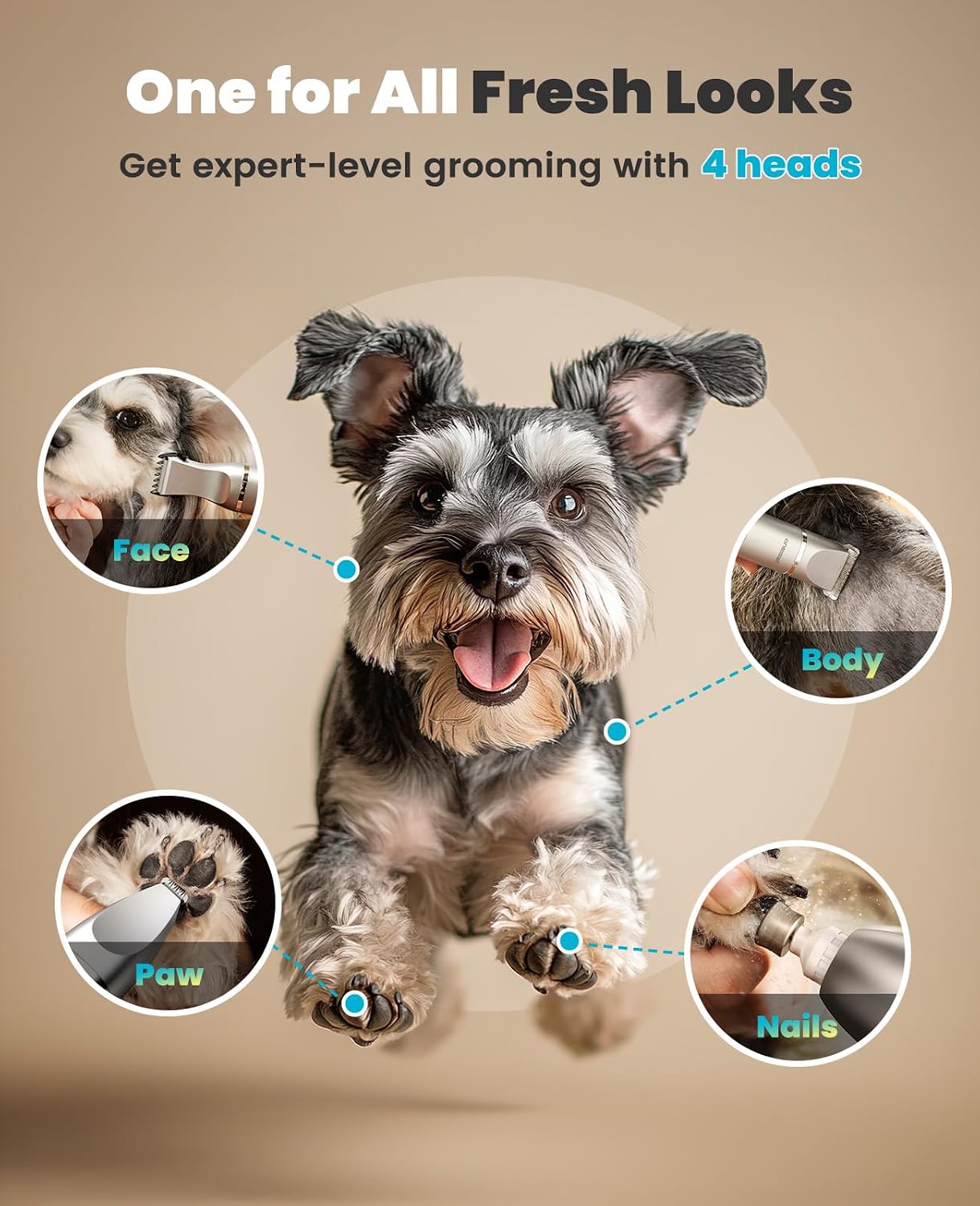 oneisall 4 in 1 Dog Grooming Kit with LCD Display | Paw Hair Trimmer & Nail Grinder, Rechargeable, Cordless, Low Noise, IPX7 Waterproof, 3 Speeds Pet Grooming Clippers