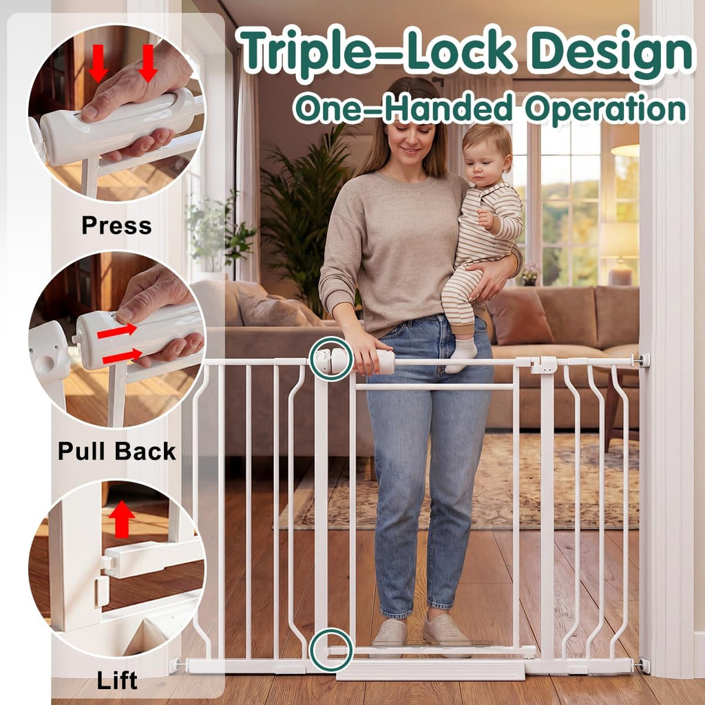 Triple-Lock Acrylic Extra Wide Baby Gate 66.95"-74.8", Crystal Clear Transparent Pet Gate for Dogs, Heavy Duty Metal Gate for Doorways, Pressure Mount Child Safety Barrier, Auto Close, White