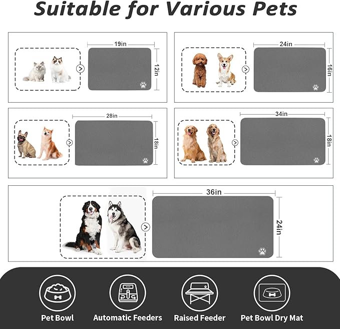 Dog Food Mat - Absorbent Cat Mat for Food and Water, No Stains Pet Feeding Bowl Mat, Easy to Clean Pet Placemats, Quick Dry Dog Water Dispenser Mat for Messy Drinkers | Paw Dark Grey 24"x 36"