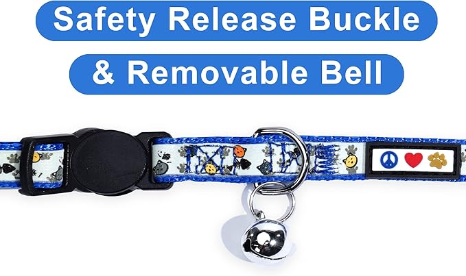 Pawtitas Glow in The Dark Cat Collar with Breakaway Safety Buckle & Bell Adjustable Kitten Collar, Set of 2 GID Blue/Orange