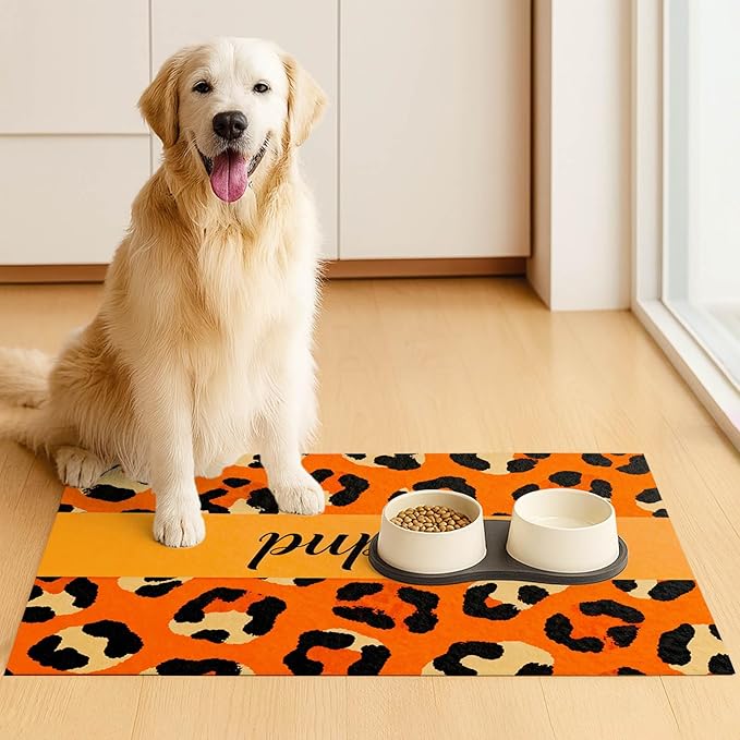 Puppy Feeding Mat 20x12 inch Orange Leopard Print Dog Bowl Placemat Non Slip Mat for Pet Food and Water Small Dog Food Area Indoor Puppy Feeding Station Pet Meal Mats for Kitchen