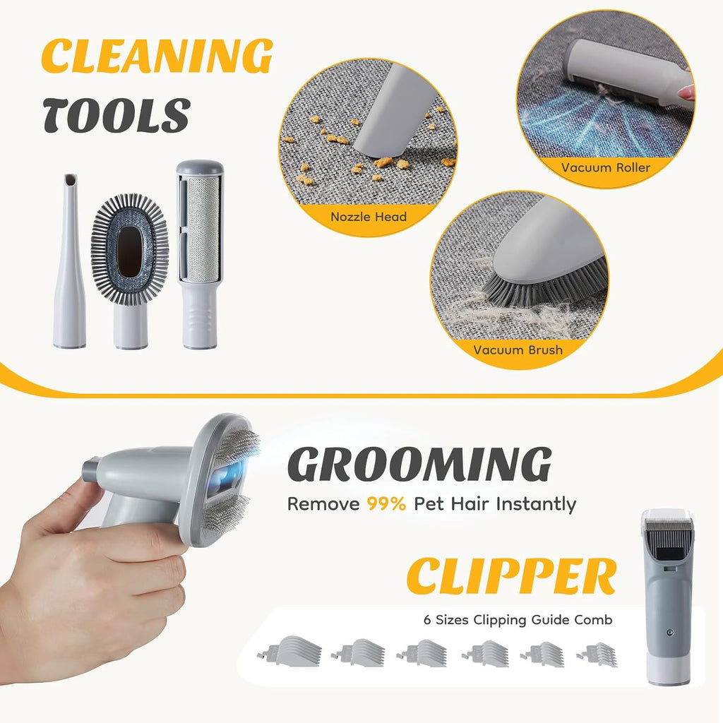 NEWBULIG Pet Grooming Vacuum Kit for Cats and Dogs, 2.5L Dust Cup | 3 Suction Modes and 5 Groomer Tools, Dog Clippers with Cordless Low Noise for Cats, Dogs Other Animals Hair Trimmer, Gray