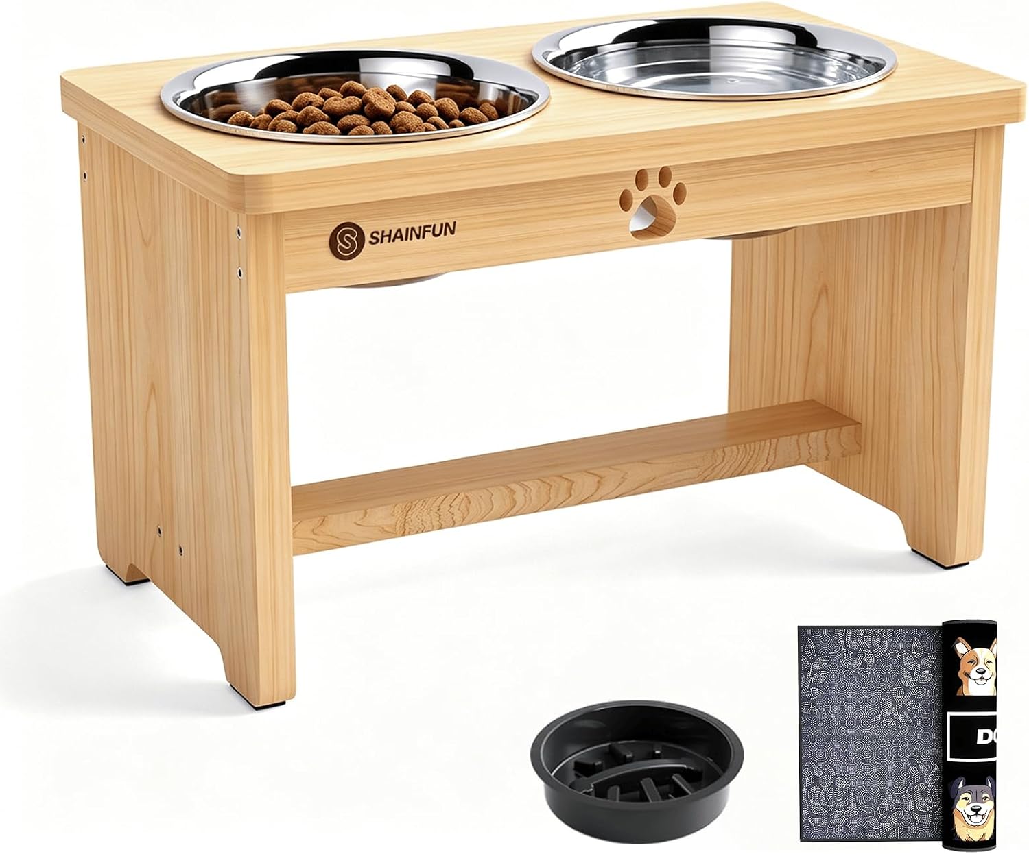 SHAINFUN Elevated Dog Bowls with Slow Feeder & Mat for Medium and Large Dogs, 10" Tall Wooden Raised Dog Bowl Stand, 2 Stainless Steel 58oz Bowls for Food & Water