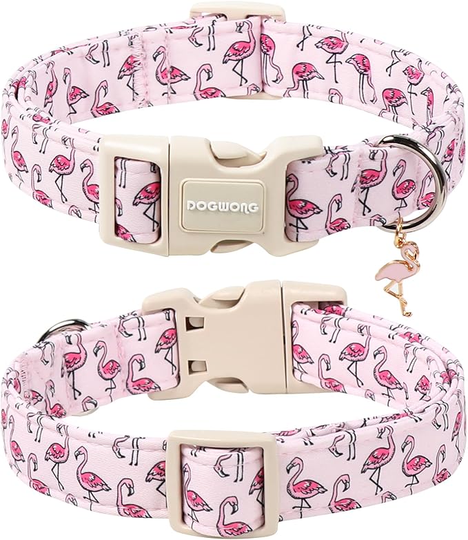 DOGWONG Cute Pet Dog Collar Pink Flamingos Cotton Dog Collar- Soft Girl Puppy Adjustable Pet Collars for Small Medium Large Dogs,S
