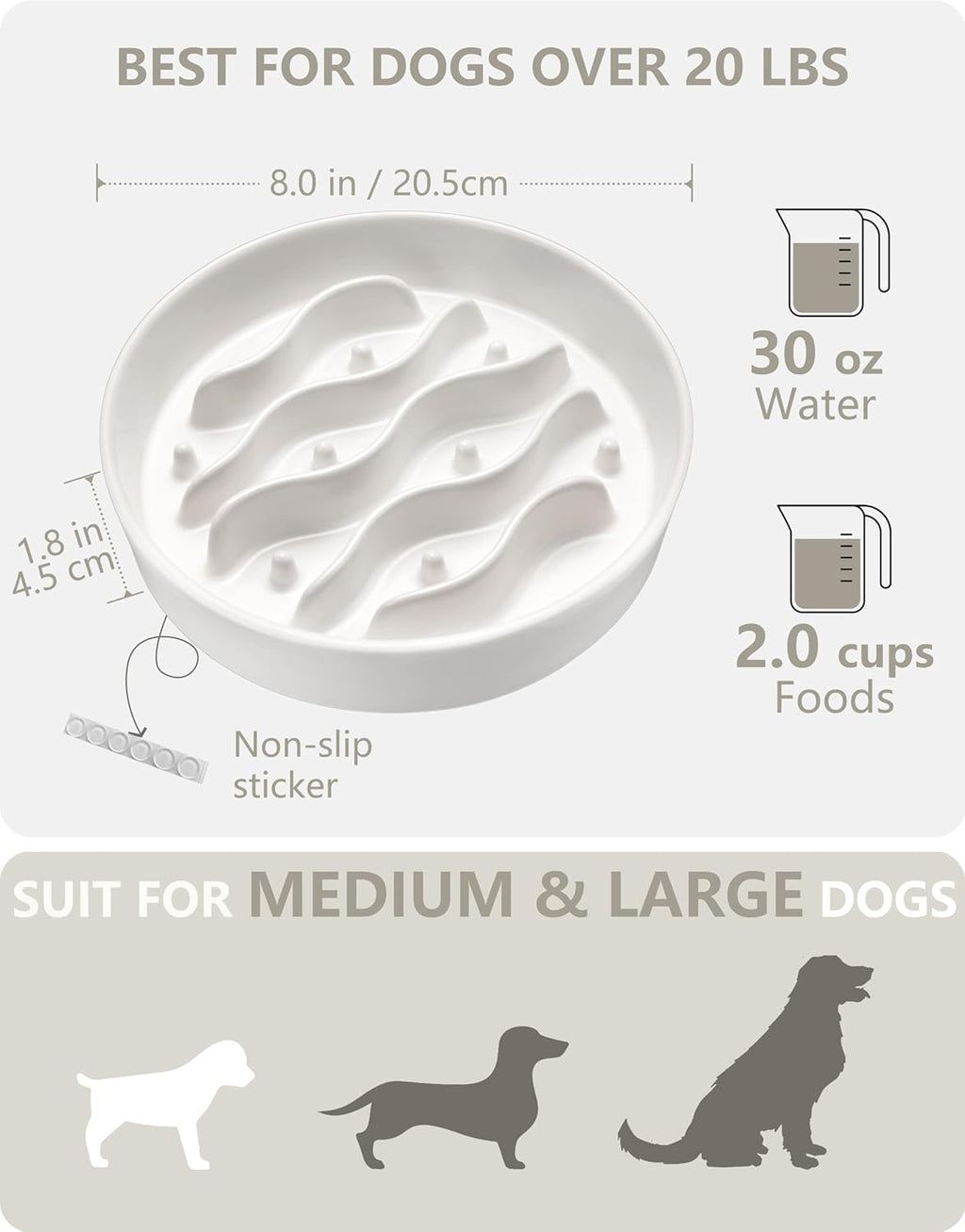 Ceramic Slow Feeder Dog Bowls for Medium and Large Dogs, 2.0 Cups Dog Slow Feeder for Fast Eater, 30oz, 8in, White