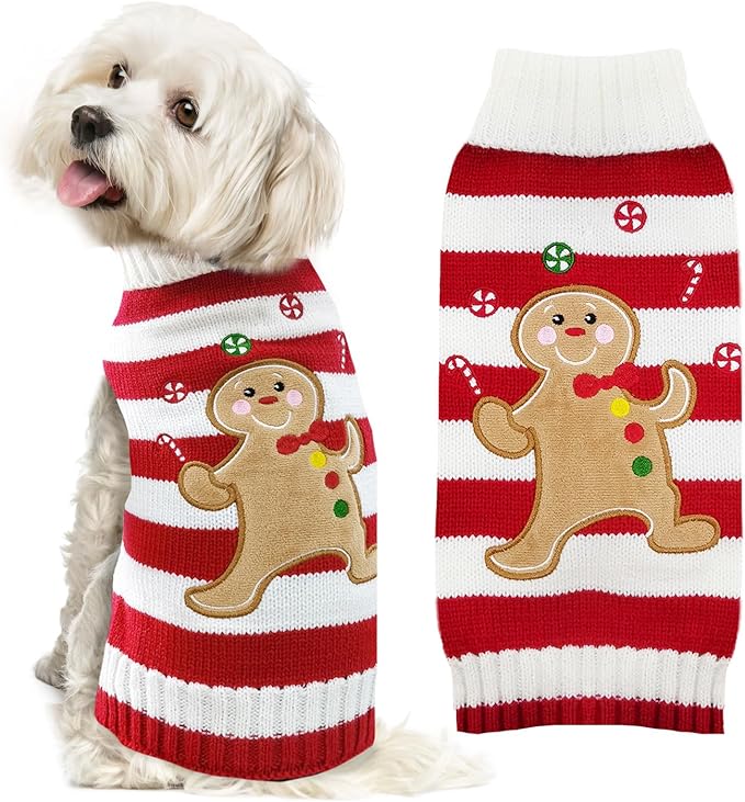 Dog Christmas Sweater Xmas Pet Clothes Cute Striped Gingerbread Man Costume Holiday Puppy Cat Jumpers Outfits New Year Gifts for Small Medium Large Dogs(Red Gingerbread Man,XL)