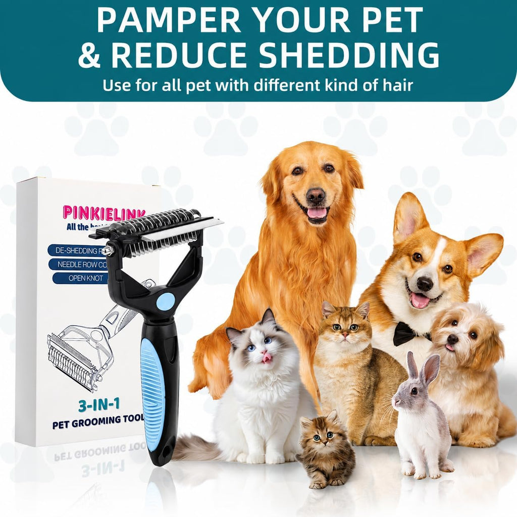 3-IN-1 Pet Grooming Tool - Undercoat Rake, Dematting Comb & Deshedding Brush for Cats, Dogs, Horses - Removes Mats, Tangles & Loose Fur, Reduces Shedding & Prevents Hair Mess (Blue)