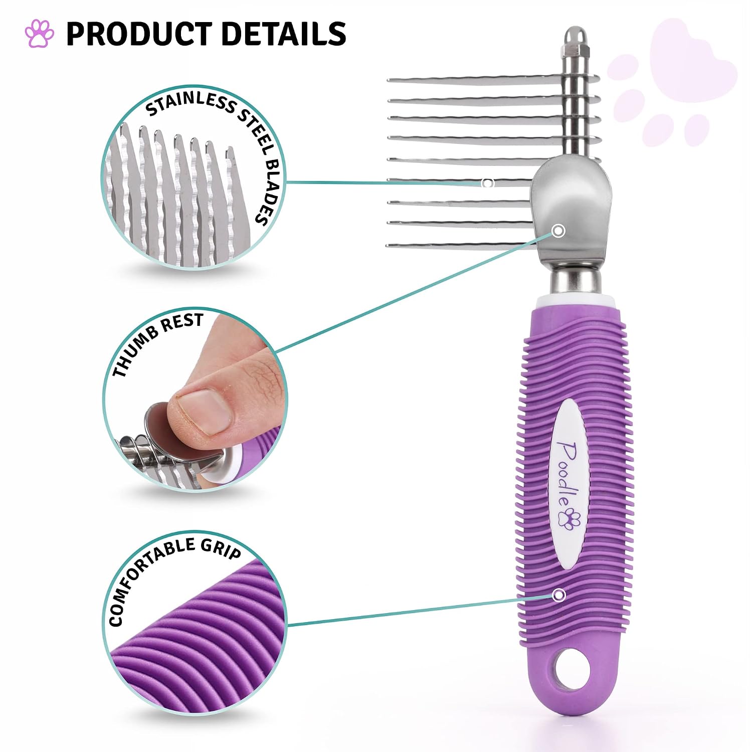 Poodle Pet Bundle - Dematting Fur Rake Comb Brush Tool with Steel Safety Blades and Detangling Pet Comb with Long and Short Stainless Steel Teeth for Detangling Matted or Knotted Undercoat Hair