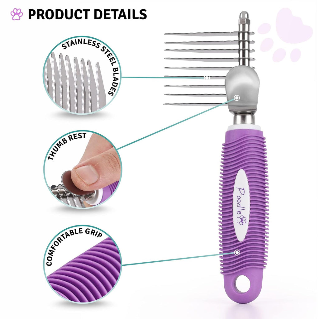 Poodle Pet Bundle - Dematting Fur Rake Comb Brush Tool with Steel Safety Blades and Detangling Pet Comb with Long and Short Stainless Steel Teeth for Detangling Matted or Knotted Undercoat Hair