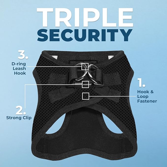 Best Pet Supplies - All Weather Mesh / Plush, Reflective, No Pull Harness for Small, Medium Dogs, Cats - Secure with Hook & Loop Fastener, Buckle, Double D-Rings - Black/Black Trim, XL