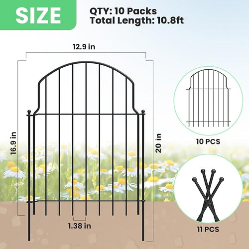 10Pcs Decorative Garden Fence, 20in(H)/10.8ft(L) Rustproof Metal Fences Animal Barrier Outdoor for Yard, Flower Bed Edging Ornamental Border Panel for Dogs, Rabbits, Dig Defence, Garden Decor, Patio
