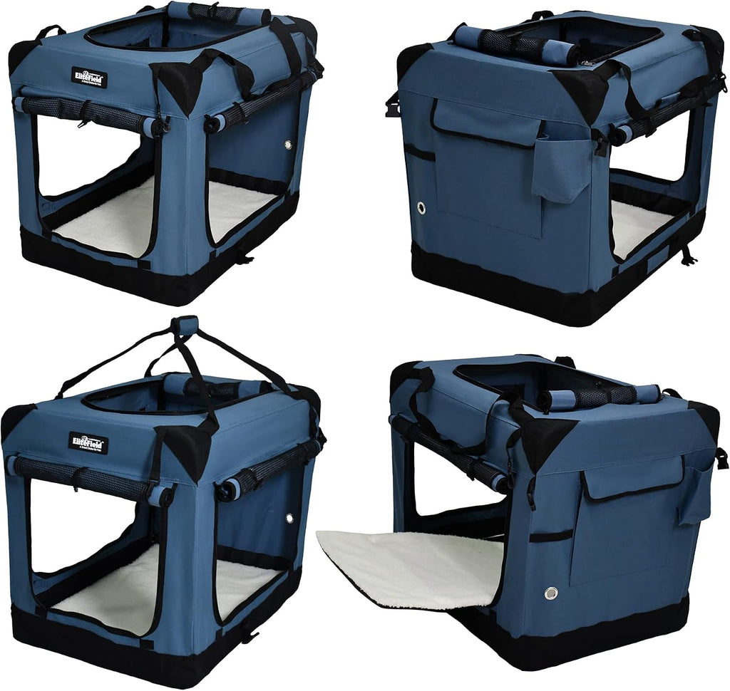EliteField 4-Door Folding Soft Dog Crate with Curtains (2-Year Warranty) | 4 Mesh Doors, Steel Frame, Removable & Washable Crate and Bed Covers, Storage Pockets, Indoor/Outdoor, Foldable, Carrying Bag