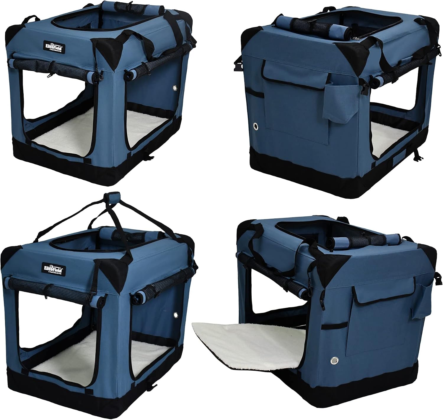 EliteField 4-Door Folding Soft Dog Crate with Curtains (2-Year Warranty) | 4 Mesh Doors, Steel Frame, Removable & Washable Crate and Bed Covers, Storage Pockets, Indoor/Outdoor, Foldable, Carrying Bag