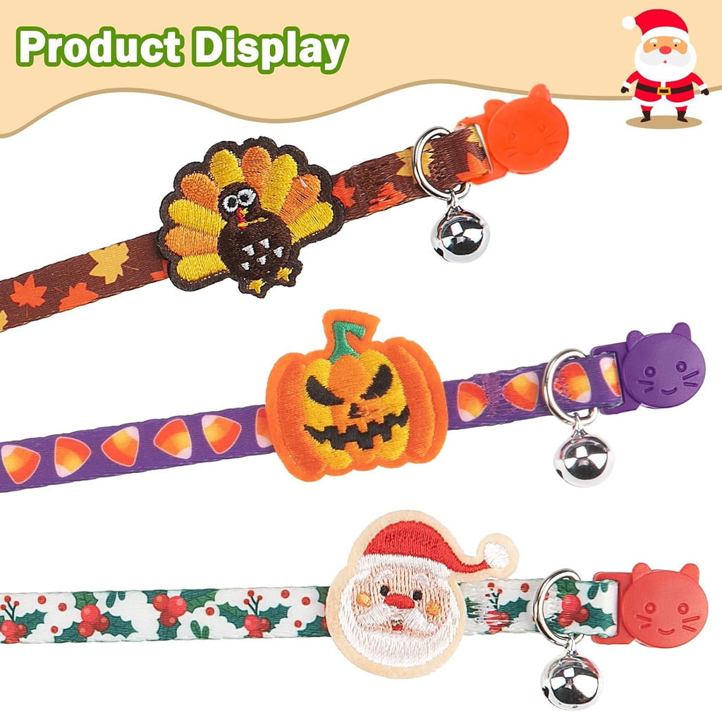 PUPTECK Halloween/Thanksgiving/Christmas Cat Collars Breakaway with Bell | Holiday Pattern Fall Pet Collar 3 Pack for Girl Boy Kittens Puppies and Small Pets