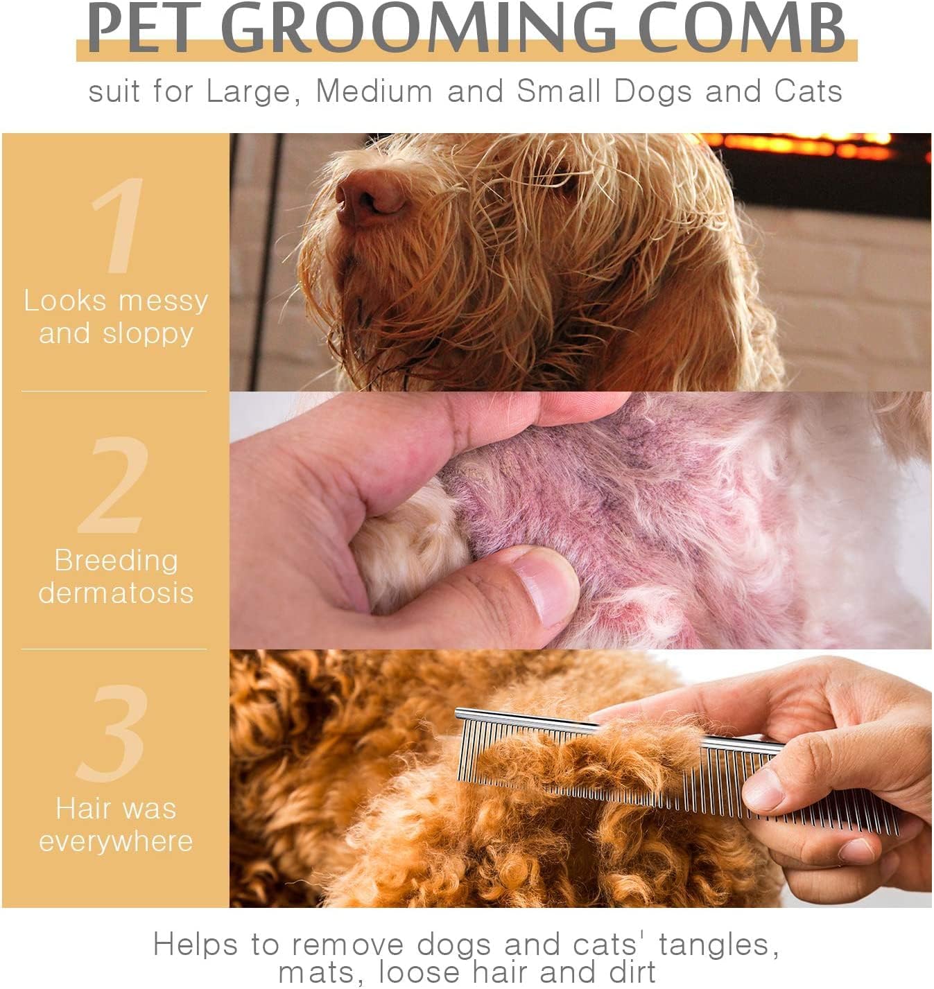 Dog Combs for Grooming, Metal Cat Comb for Long Haired | Removing Tangles and Knots, Professional Grooming Tool for Long Haired Dog, Cat and other pets