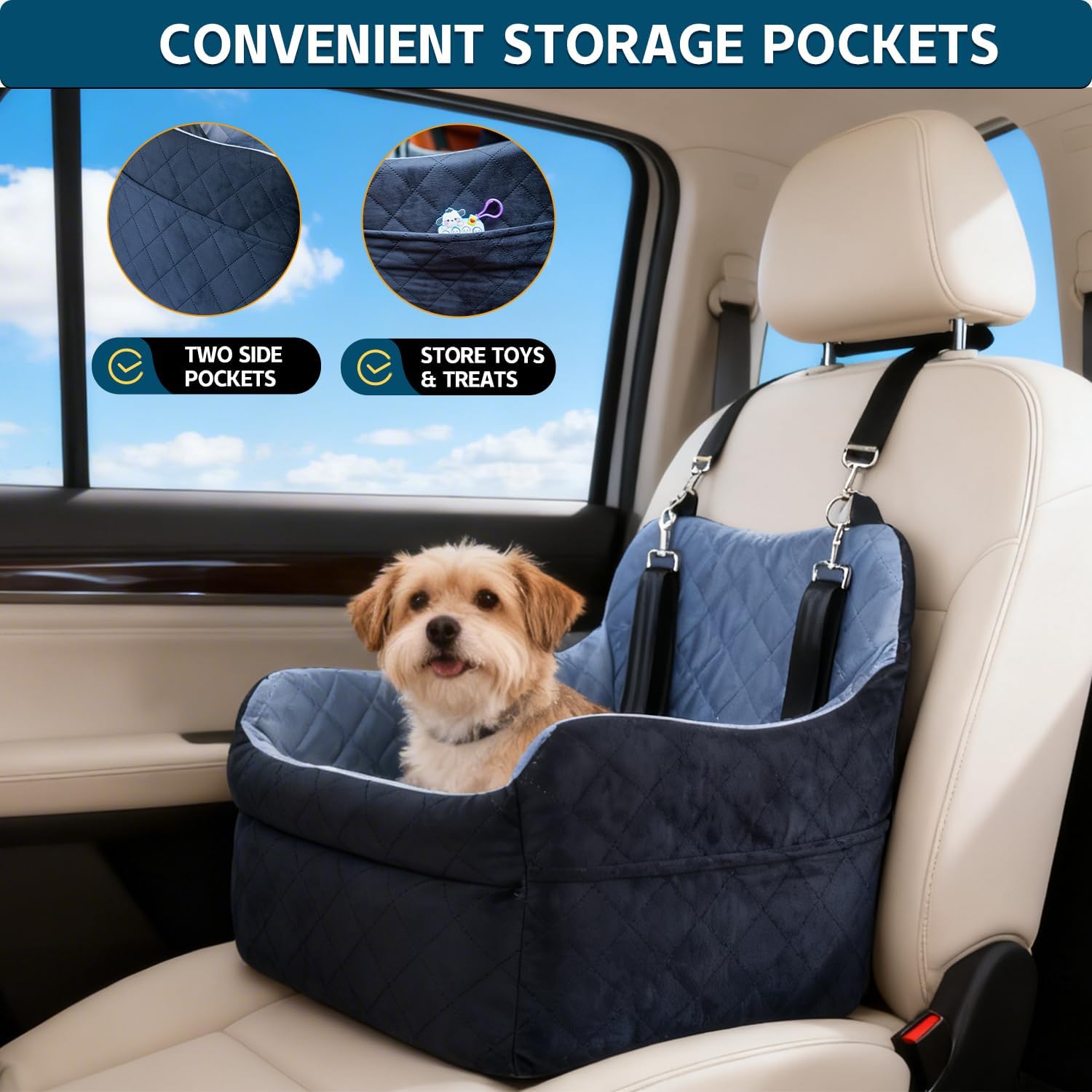 Dog Car Seat for Small Dogs, Elevated Booster Seat with Leash | Washable Pet Travel Bed with Anti-Slip Base, Cozy Padded Car Seat for Dogs Up to 30 lbs, Secure & Comfortable Road Trips