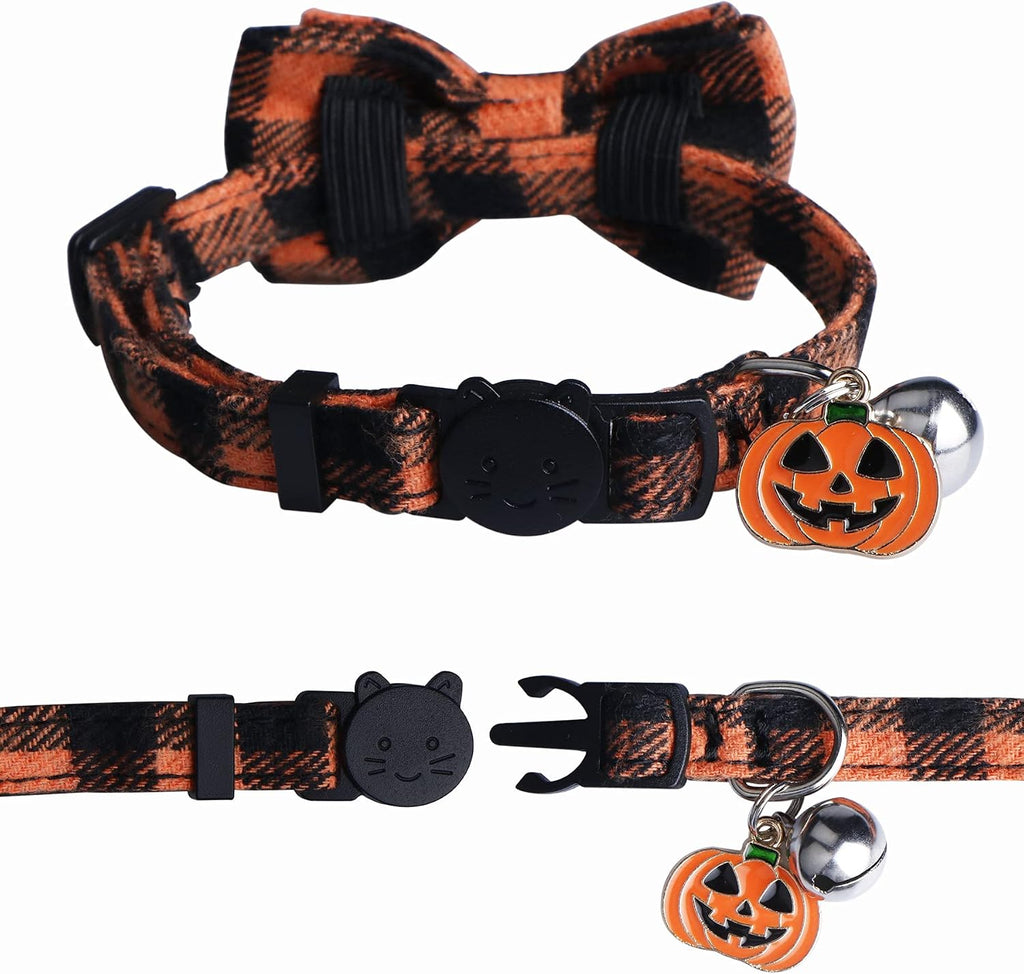STMK 2 Pack Halloween Plaid Cat Collars with Bow Tie Bell, Breakaway Adjustable Pumpkin Cat Kitten Collars with Bowtie Bell for Halloween Cats Kittens Costume Decorations
