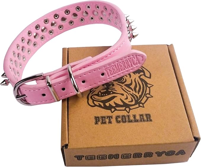 TEEMERRYCA Adjustable Leather Spiked Studded Dog Collars with a Squeak Ball Gift for Small Medium Large Pets Like Cats/Pit Bull/Bulldog/Pugs/Husky, Pink, XS 8.3-10.6 inches