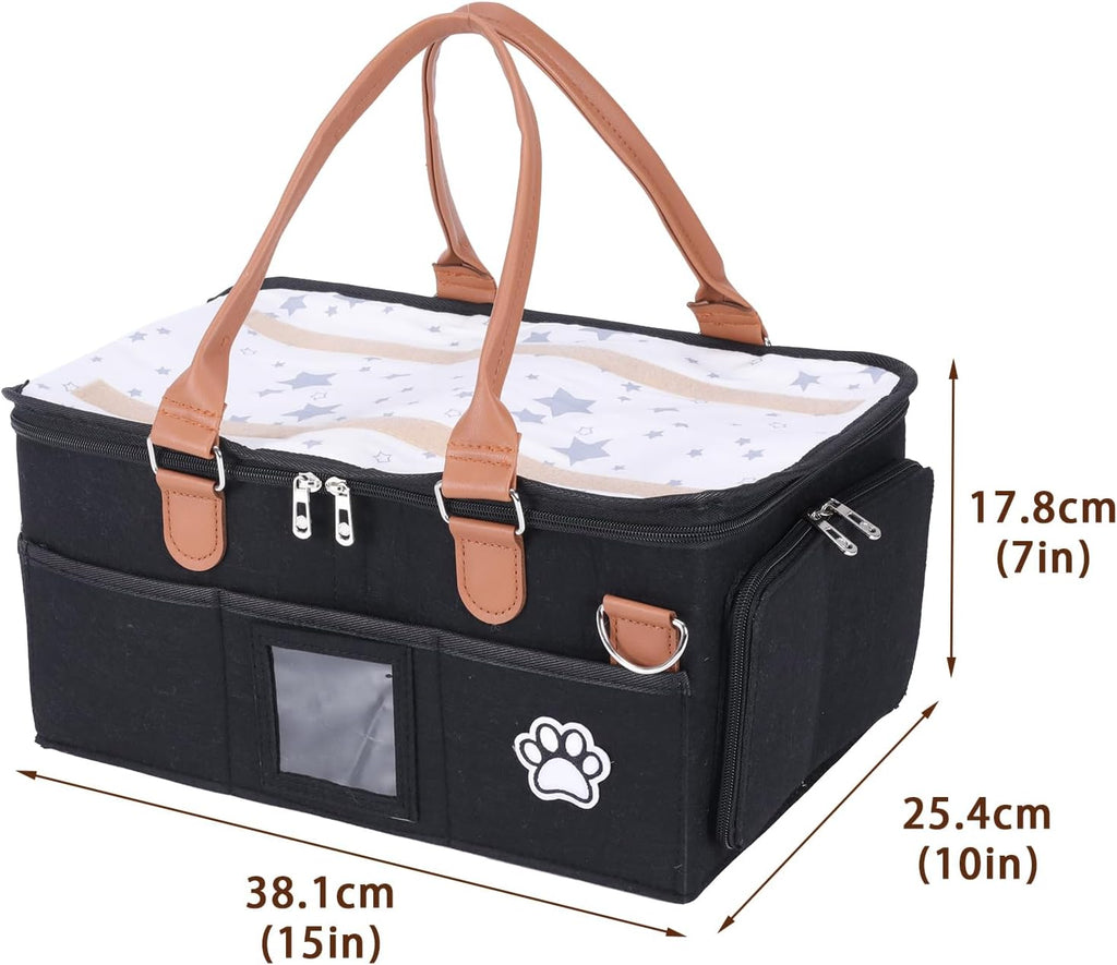 Felt Dog Grooming Bag,Portable Tote Bag for Dogs Cats,Dog Storage Organizer for Grooming Tool Kit,3 Compartments Pet Stuff Oganizers with 8 Pockets-Black