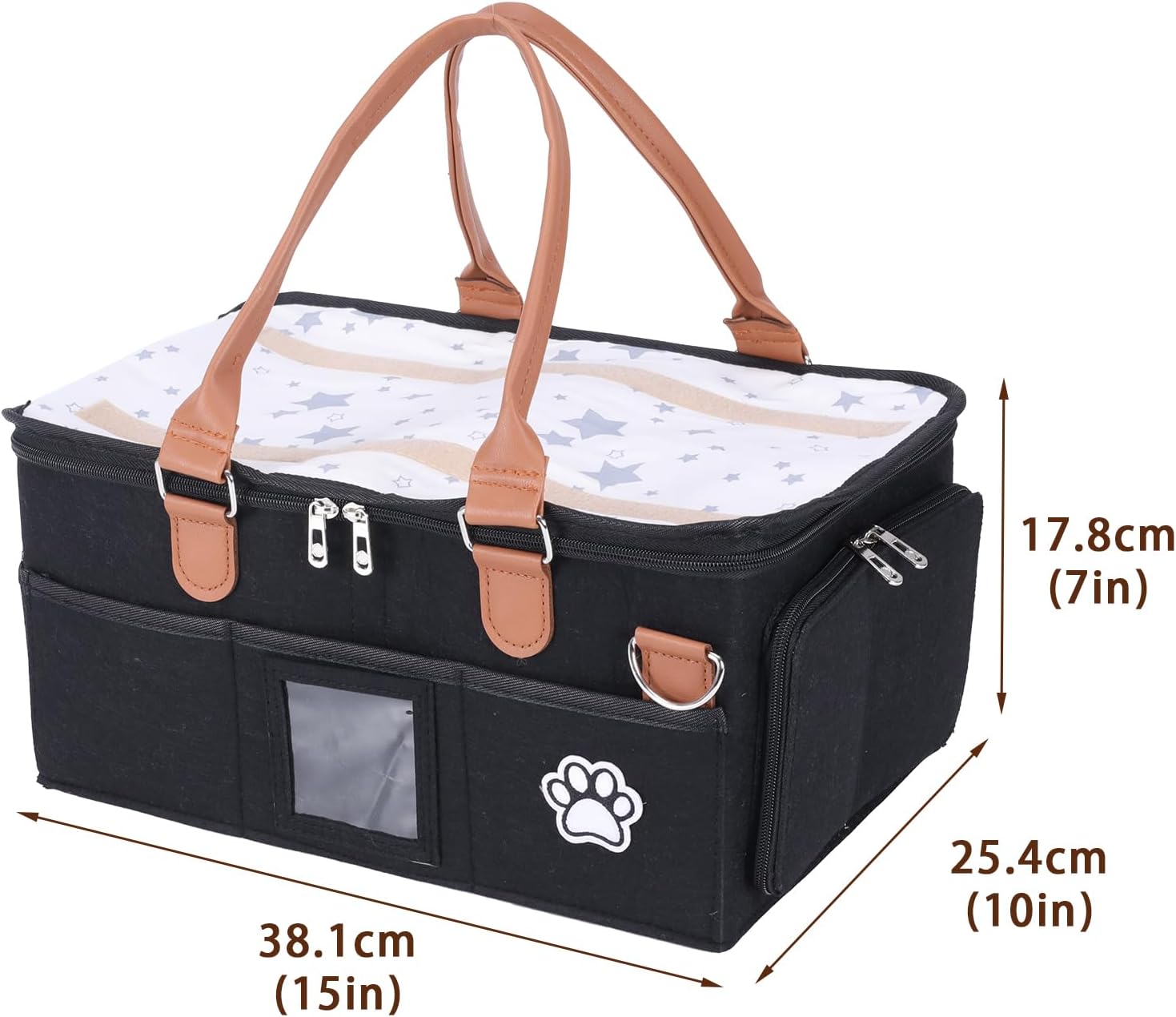 Felt Dog Grooming Bag,Portable Tote Bag for Dogs Cats,Dog Storage Organizer for Grooming Tool Kit,3 Compartments Pet Stuff Oganizers with 8 Pockets-Black