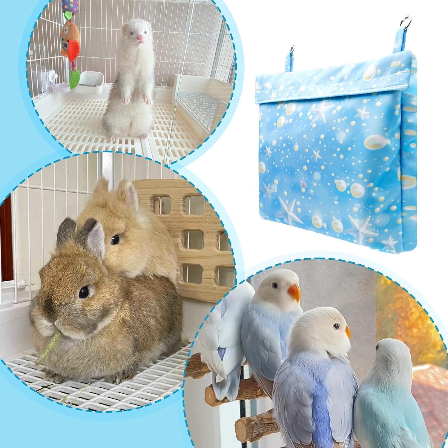 Bunny Cooling Mat - Refillable Ice Pad | Hanging Summer Pet Cooler | Includes 4 Ice Crystal Packs, Condensation Resistant Lining, Washable Fabric Cover, Hanging Cage Design, For Rabbits Ferrets