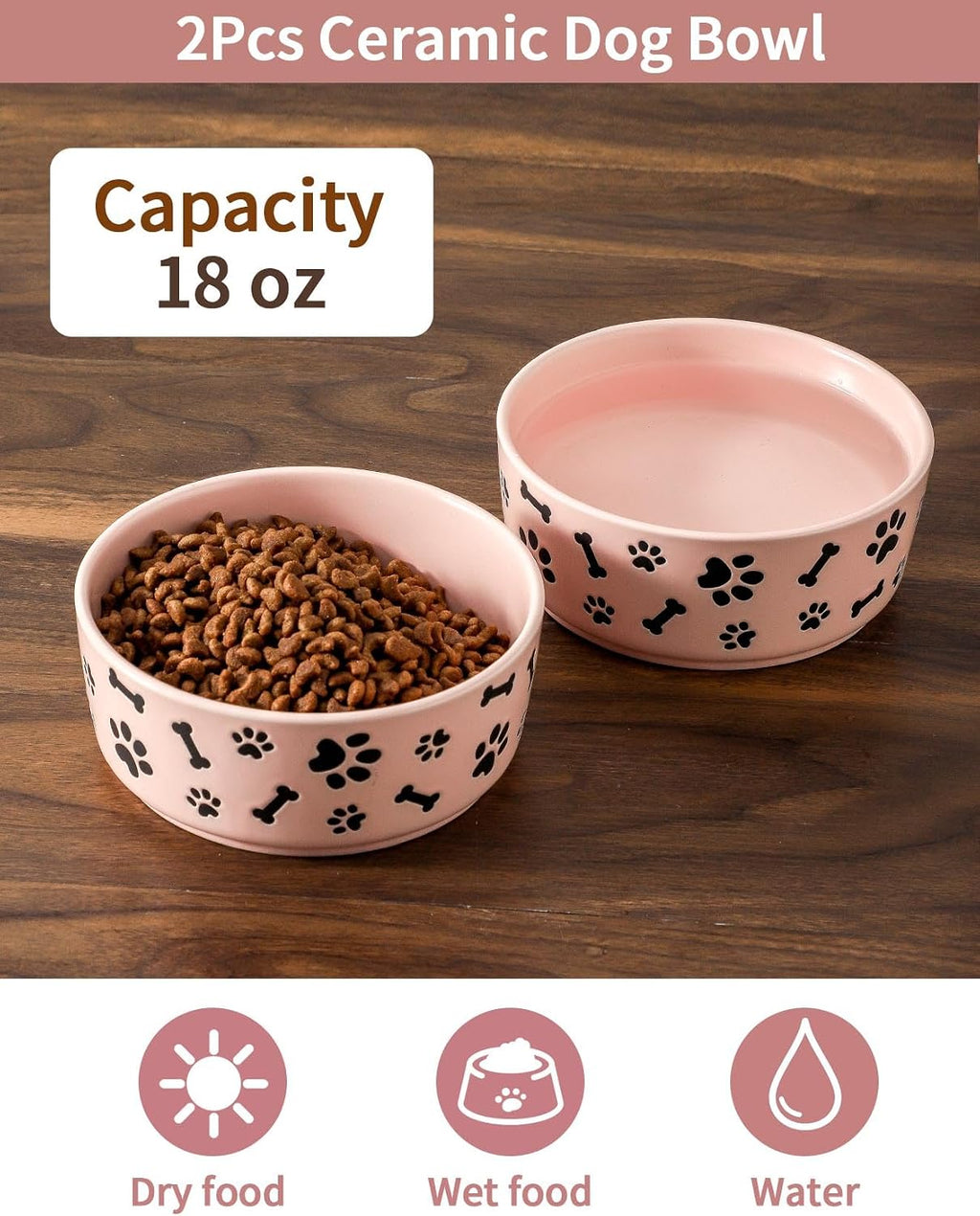 UBEE Ceramic Dog Bowl Set of 2, 5.5 inch Dog Food Bowl Dish with Bone Paw Pattern, Pet Food Water Dish Feeding Plates for Small Dogs, Puppy and Cat, Pink