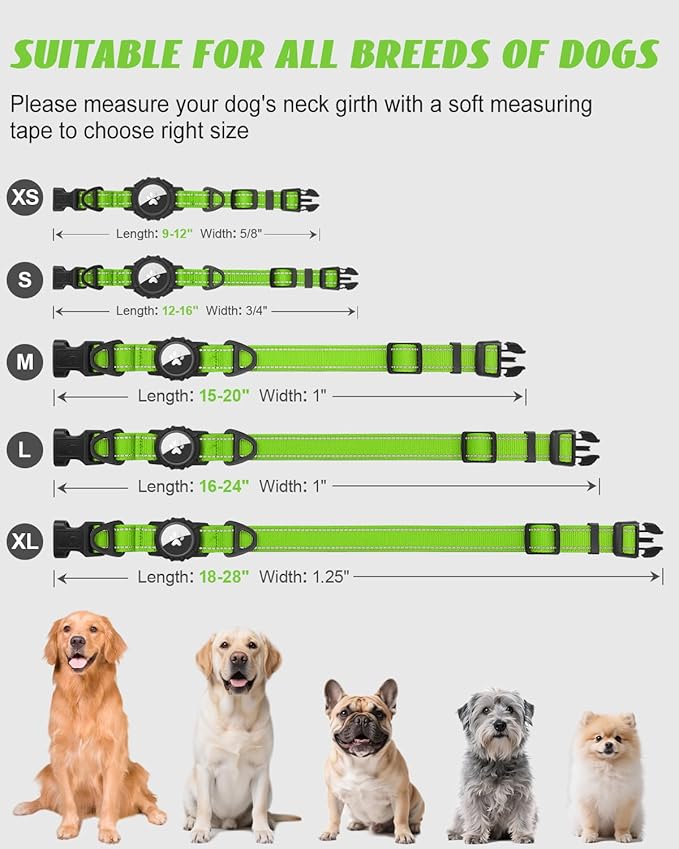 Joytale Airtag Dog Collar, Reflective Pet Collar with Waterproof AirTag Holder, Dual D-Rings, Soft Padded Adjustable for Extra Large Dogs, Green, XL